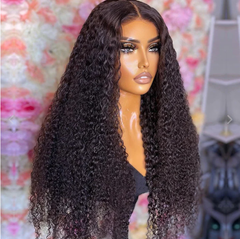 13X6 Lace Frontal Wig 180% Density Kinky Curly Human Hair Wig 16-40 Inch #1B Natural Color