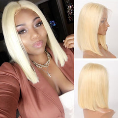 13X4 BOB Wig 150% Density Straight Human Hair Wig 8-14 Inch #613 Blonde