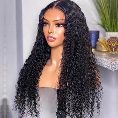 5X5 Lace Closure Wig 180% Density Deep Wave Human Hair Wig 16-30 Inch #1B Natural Color