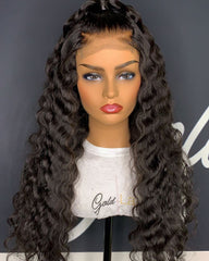 5X5 Lace Closure Wig 180% Density Deep Wave Human Hair Wig 16-30 Inch #1B Natural Color