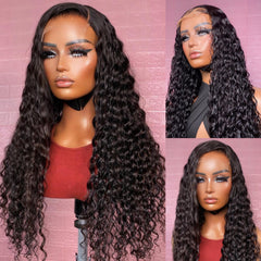 5X5 Lace Closure Wig 180% Density Deep Curly Human Hair Wig 16-30 Inch #1B Natural Color