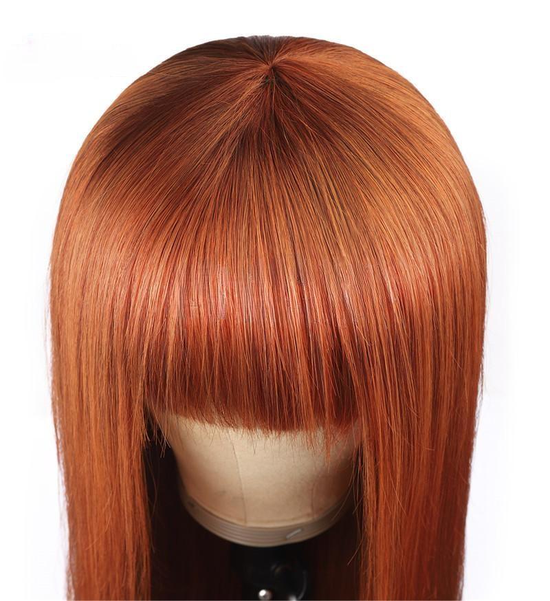 Colored Wig with Bang 150% Density Straight Human Hair Wig 10-32 Inch Ginger Color