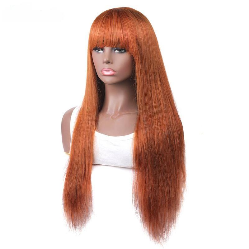 Colored Wig with Bang 150% Density Straight Human Hair Wig 10-32 Inch Ginger Color
