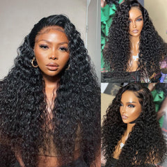 13X4 Lace Frontal Wig 200% Density Natural Wave Human Hair Wig 16-40 Inch #1B Natural Color