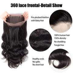 360 Lace Frontal Body Wave Swiss Lace #1B Natural Black 8-20inch 100% Virgin Human Hair