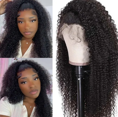 13X4 Lace Frontal Wig 180% Density Kinky Curly  Human Hair Wig 16-40 Inch #1B Natural Color