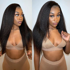 13X4 Lace Frontal Wig 180% Density Kinky Straight  Human Hair Wig 16-40 Inch #1B Natural Color