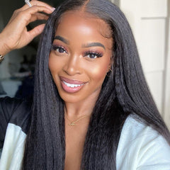 13X4 Lace Frontal Wig 180% Density Kinky Straight  Human Hair Wig 16-40 Inch #1B Natural Color