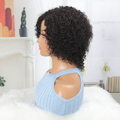 Summer Pixie Wig 150% Density Curly Human Hair Wig 8 Inch #1B Natural Color USHXT8