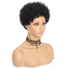 Summer Pixie Wig 150% Density Curly Human Hair Wig 6 Inch #1B Natural Color USH052